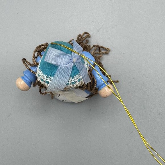 Vintage Wooden Girl Christmas Tree Ornament Handpainted Yarn Hair Brown Blue 3" - Picture 4 of 7